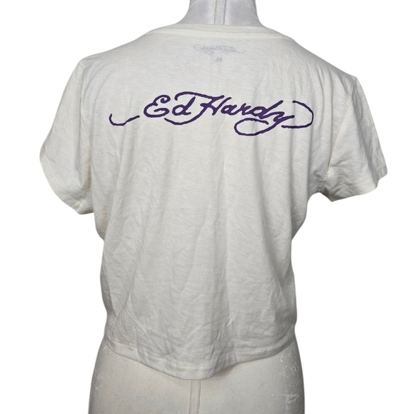 Ed Hardy Koi Fish Cream Red Blue Crewneck Short Sleeves Crop Top XL Y2K - Picture 3 of 7